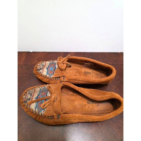 Minnetonka Brown Suede Moccasins Southwestern Patterned Toe Design  Size 7 - Picture 4 of 9